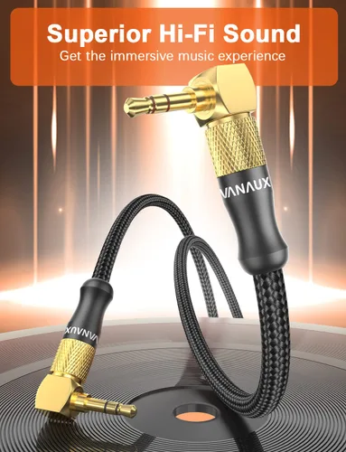 Vista 6 de VANAUX Cable auxiliar de ángulo recto de 90 grados macho a macho de 0.138 in, cable auxiliar estéreo compatible con laptop, teléfono inteligente