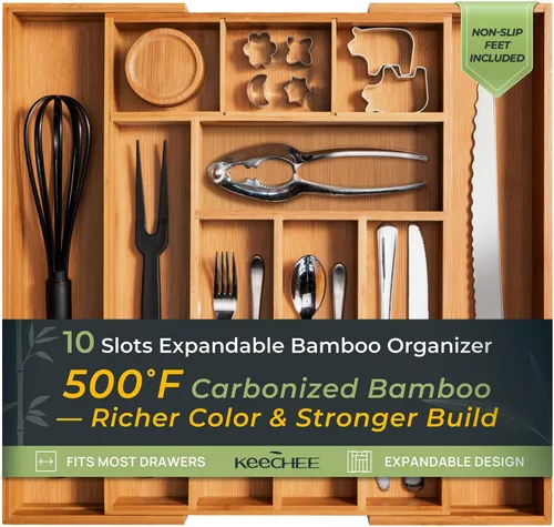 Vista 12 de keechee Organizador grande de bambú carbonizado para cajones de cocina, organizador de cubiertos expandible con 12 ranuras, soporte para utensilios