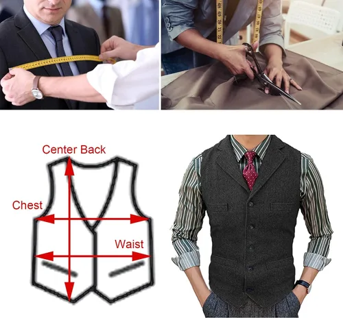 Vista 3 de Chaleco formal de tweed en espiga para hombre, casual, con solapa para padrino de boda, chaqueta vintage, chaleco de vestir para fiesta de trabajo