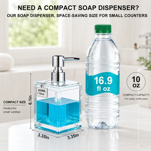 Vista 4 de LGURT Dispensador de jabón acrílico transparente cuadrado de 10.1 fl oz con bomba, dispensador de jabón de manos compacto recargable para encimera