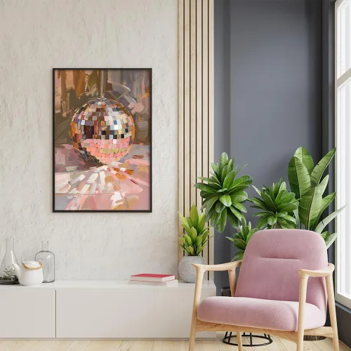Vista 4 de Arte de Pared en Lienzo de Bola de Discoteca Rosa Suave de Moda, Póster con Textura de Bola de Espejo Plateada Funky para Chica, Impresión