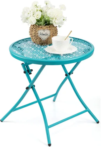 Vista 14 de Mesa auxiliar para exteriores, mesa auxiliar redonda plegable de metal, resistente a la intemperie, mesa decorativa de patio pequeño para porche