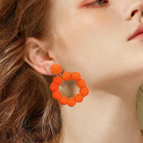 Vista 3 de 2 pares de aretes de ratán tejidos de rafia, aretes colgantes de ratán, aretes bohemios hechos a mano, paja, trenza, joyería bohemia para mujeres