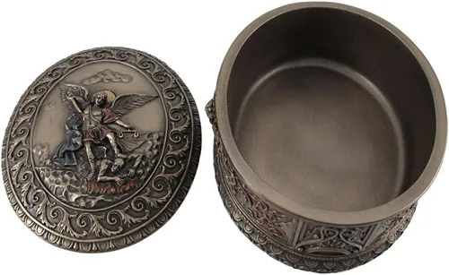 Vista 4 de Veronese Design 4.75 pulgadas San Miguel Ornado Oval Forma Bas Relief Baratija Rosario Caja de Rosario de Resina Fundida en Frío Acabado Bronce