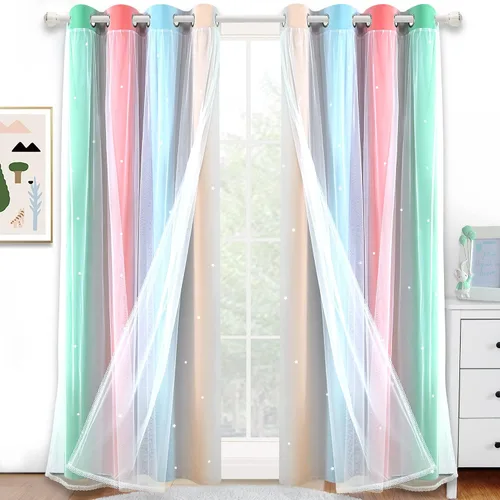 Vista 13 de Cortinas opacas con recorte de estrellas y arcoíris para guardería/habitación de niños/niñas, con superposición de tul, 2 paneles, cada una de 52