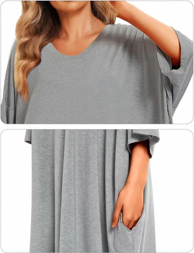 Vista 5 de KFUBUO Camisón de bambú para mujer, talla grande, camiseta de manga corta, con bolsillos