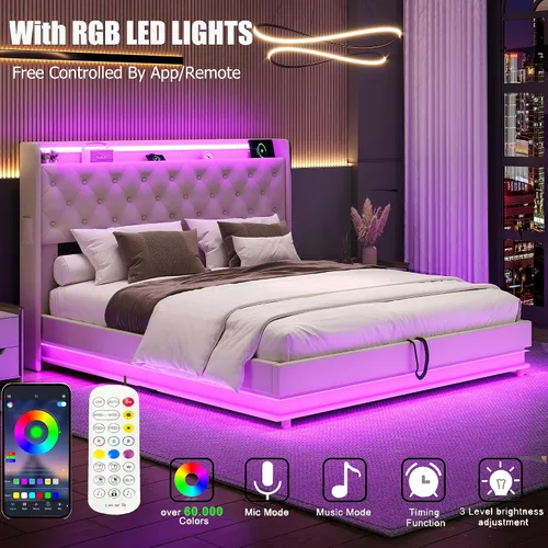 Vista 5 de Ailisite Cama de almacenamiento elevable de tamaño matrimonial, cama de plataforma tapizada con cabecera de almacenamiento con botones capitoné