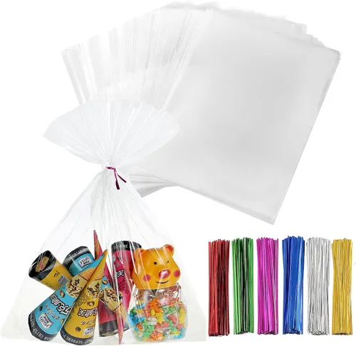 Vista 20 de 200 bolsas de celofán planas de celofán de 4 x 9 pulgadas, transparentes y gruesas, con lazos torcidos de 6 colores, embalaje, galletas, dulces