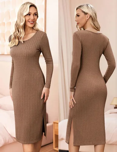 Vista 4 de Ekouaer Maternity Dress Rib Knit Long Sleeve Side Slit Bodycon Dresses Pregnancy Baby Shower Clothes S-XXL
