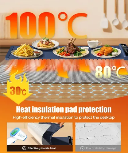 Vista 2 de Warming Mat for Food, 26x15 Inch, Dark Blue, Fast Heat, Child Lock