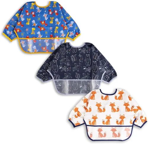 Vista 7 de Juego de baberos de manga larga de 3 piezas, baberos impermeables para bebés con bolsillo, babero para niños pequeños con mangas, bata resistente a