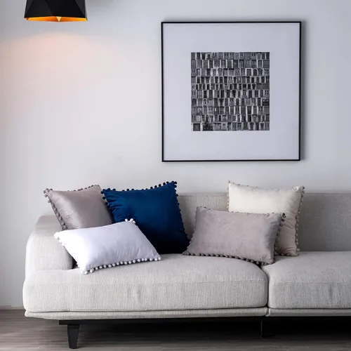 Vista 6 de Juego de 2 fundas para cojines decorativos de terciopelo sólido suave con borde de pompones