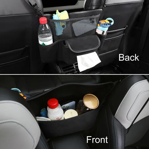 Vista 2 de Organizador de asiento de automóvil de cuero para bolso/bolso, cabe entre asientos delanteros, sostiene cartera, teléfono y artículos esenciales