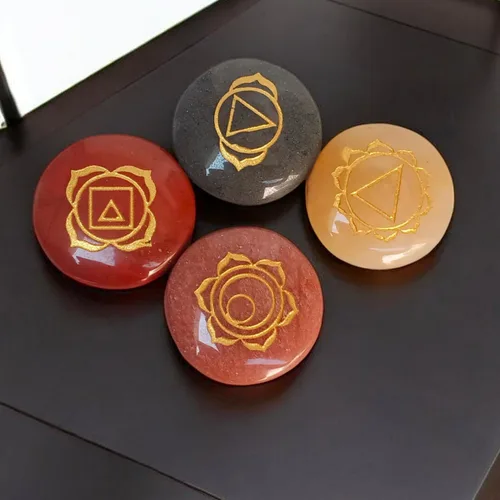 Vista 5 de Juego de 7 símbolos de chakras grabados, piedras curativas para reiki, cristal curativo sagrado, meditación para prosperidad, dinero, buena suerte