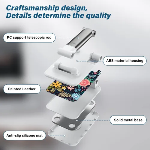 Vista 3 de Soporte de teléfono plegable para escritorio - Soporte de teléfono celular de ángulo ajustable - Adecuado para iPhone, Samsung - Flor negra