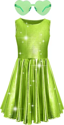 Vista 2 de techcity Vestido metálico brillante para niñas, vestidos plisados acampanados con lentes de sol, ropa de baile para fiesta, disfraces