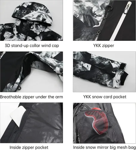 Vista 3 de GSOU SNOW Chaqueta de esquí para hombre, abrigo de nieve para snowboard, cálido, invierno, impermeable, con capucha