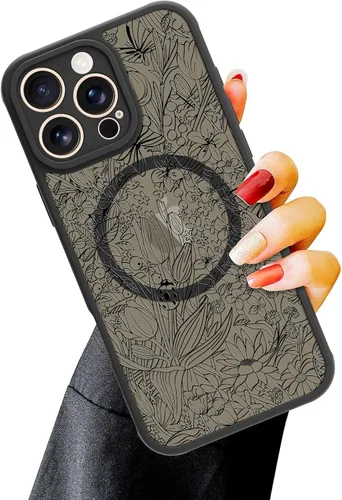 Vista 88 de OOK Funda magnética para iPhone 13 Pro Max [compatible con MagSafe] Funda delgada translúcida mate con flor silvestre negra, protección para lente