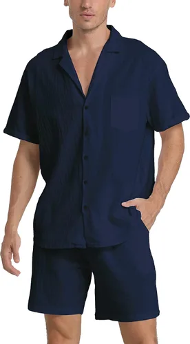 Vista 11 de RPOVIG Conjunto corto de camisa de lino: conjunto casual de 2 piezas con botones para hombre