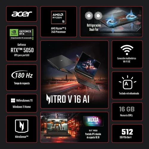 Vista 2 de acer Nitro V 16 AI WUXGA (1920 x 1200) IPS 180Hz Gaming Laptop AI PC, procesador AMD Ryzen 5 240, NVIDIA GeForce RTX 5050 8GB GDDR7 VRAM, 16 GB