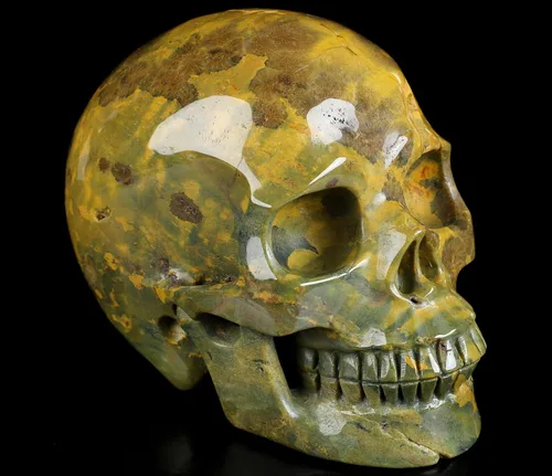 Vista 7 de Skullis Calavera de cristal de jaspe oceánico, escultura de arte fino de piedras preciosas talladas a mano, estatua de piedra curativa de Reiki.3208