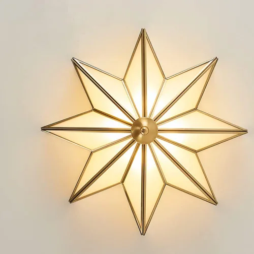 Vista 5 de LITFAD Moderna lámpara de techo LED de 4 luces biselada de vidrio esmerilado empotrado, lámpara de iluminación tradicional de latón con estrella