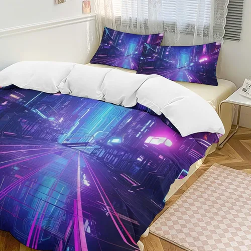 Vista 11 de Art Duvet Cover Full Size, Ultra Soft Microfiber Night Scenery Bedding Set, 3 Pieces City View Pattern Comforter Cover Set with Zipper Closure