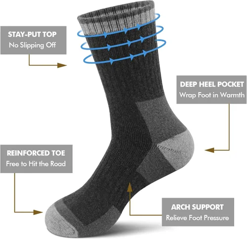 Vista 4 de Calcetines de lana merino para hombre, 6 pares de calcetines acolchados cálidos que absorben la humedad para exteriores, senderismo, trabajo