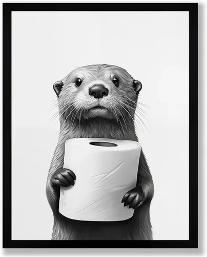 Vista 21 de Arte de pared de lienzo enmarcado para baño con oso negro tierno, decoración divertida para baño con animales, adorable oso con papel higiénico