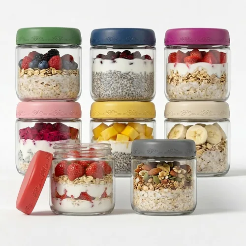 Vista 21 de Paquete de 4 de 10 OZ, Frascos para Avena Nocturna con Tapas, Recipientes de Vidrio para Preparación de Comidas, Frascos Mason Herméticos