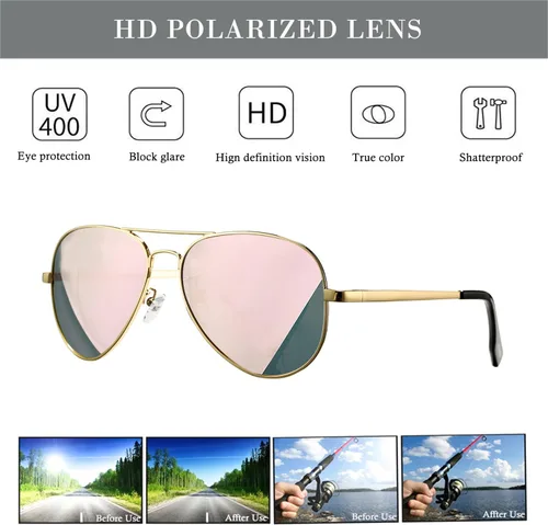 Vista 4 de HJSTES Lentes de sol polarizados estilo aviador para mujeres y hombres, lentes de espejo de metal clásicos, 100% bloqueo UV, 2.283 in