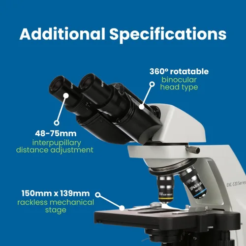 Vista 3 de Microscopio compuesto EXC-120-3 de Accu-Scope - cabeza binocular, aumento 40-400X, objetivos del acromato, etapa mecánica
