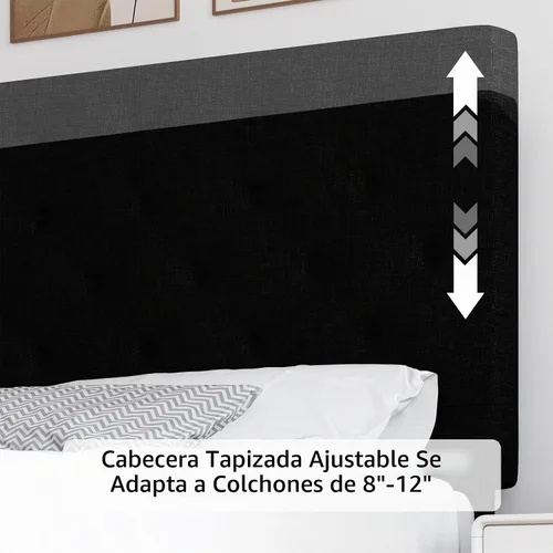 Vista 4 de HOMBCK Base de cama de tamaño individual con cabecera, base de cama tapizada con plataforma de lino para niños, base de cama de tamaño individual
