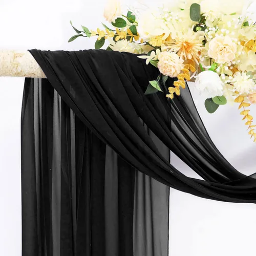 Vista 2 de Tela drapeada para arco de boda de 20 pies, 1 panel de cortinas de boda para arco largo negro, paneles de telón de fondo transparente de tela