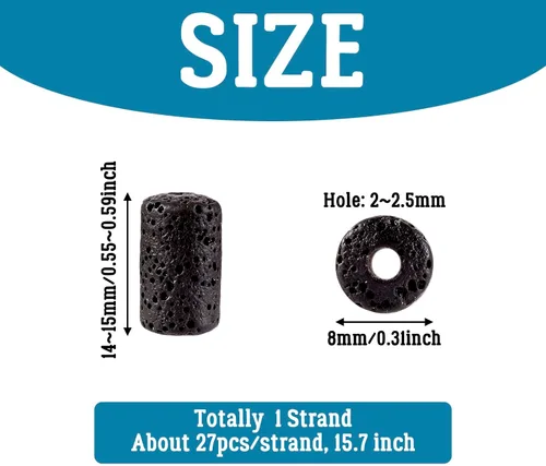 Vista 2 de Craftdady 25 cuentas de piedra de lava negra natural, tubo de columna, piedras preciosas volcánicas, cuentas sueltas para curación de energía