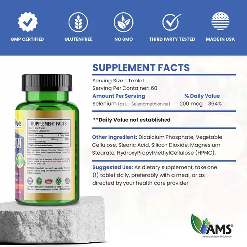 Vista 5 de America Medic & Science Selenio 200 mcg (1 paquete de 60 tabletas) Suplemento dietético puro para hombres y mujeres, mineral traza esencial