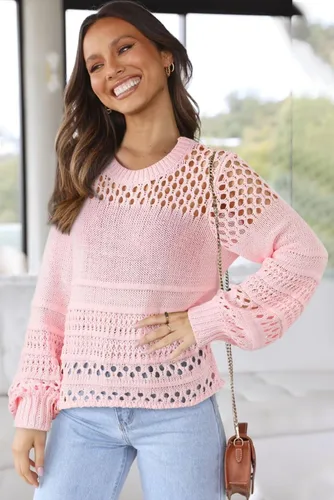 Vista 2 de Dokotoo Suéter de manga larga tipo farol para mujer, cuello redondo, de ganchillo, con huecos, suéter de punto