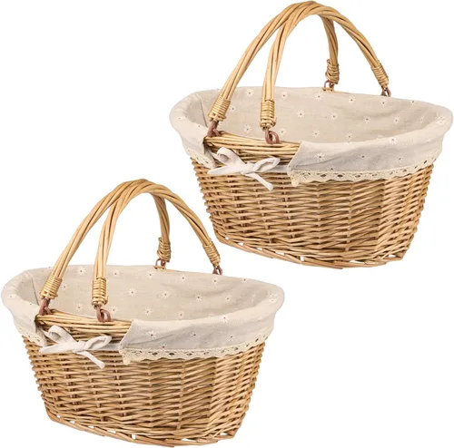 Vista 12 de Cesta grande multiusos de mimbre con asa, 14.2 x 11 x 6.7 pulgadas Cesta de mimbre para picnic con forro, Cesta de regalo vacía, Cesta ovalada