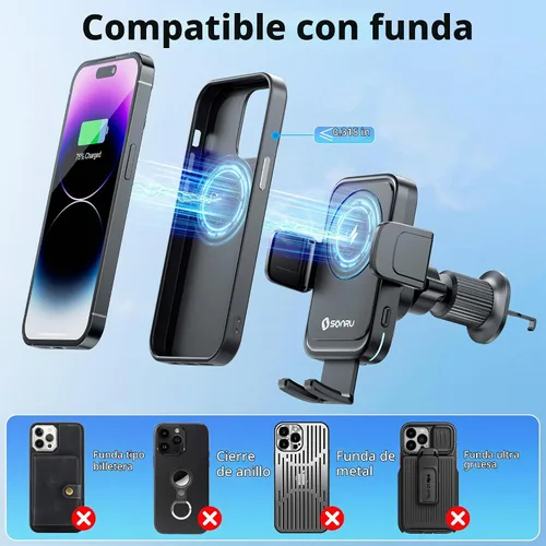 Vista 7 de SONRU Cargador inalámbrico Qi de 15 W, cargador inalámbrico de coche de carga rápida, sujeción automática, soporte de succión para salpicadero