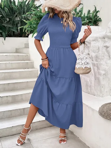 Vista 99 de BTFBM Vestidos para mujer, cuello redondo, casual, de verano, con volantes, manga corta, bohemio, con niveles, fruncido, largo, con estampado floral