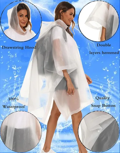 Vista 4 de Paquete de 2 ponchos de lluvia para adultos, reutilizables, impermeables, de supervivencia, emergencia, resistente, con capucha con cordón