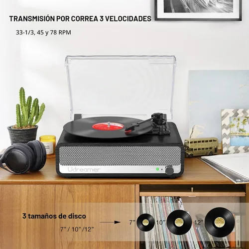 Vista 5 de Vinyl Record Player with Speakers, 3 Speed Turntable with Mirror, Black Negro