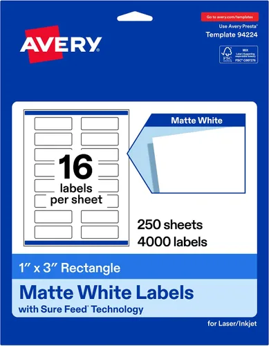 Vista 9 de Avery® Etiquetas rectangulares blancas mate, tecnología Sure Feed®, 1 "x 3", 1,600 etiquetas imprimibles en blanco mate