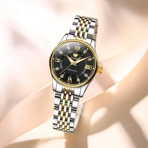 Vista 9 de OLEVS Reloj automático para mujer, de lujo, con cuerda automática, de diamante, de acero inoxidable, de fase lunar, impermeable, esfera azul luminosa