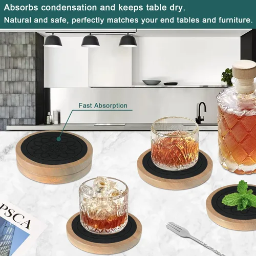 Vista 4 de Posavasos de madera para bebidas, Minacun conjuntos de posavasos absorbentes de 5, posavasos para bebidas para protección de mesa de café