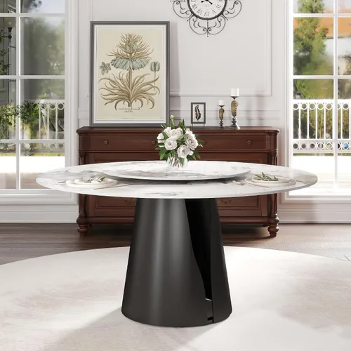 Vista 10 de Montary Mesa de comedor redonda moderna de mármol artificial de 59 pulgadas con base de metal de latón antiguo y tocadiscos de piedra sinterizada