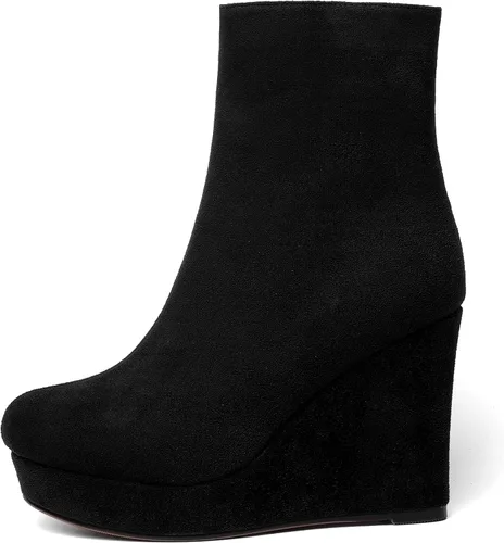 Vista 2 de AMBELIGHT Botas de cuña de gamuza con punta redonda para mujer, con cremallera, plataforma de moda, tacón alto, 4 pulgadas