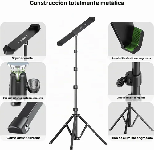 Vista 8 de elitehood Soporte de aluminio para iPad con soporte diagonal para tableta, trípode para iPad de 65 pulgadas de altura ajustable, trípode giratorio