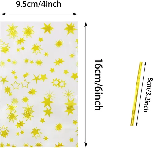 Vista 2 de Mini Skater Bolsas de celofán con estampado de estrellas doradas, de plástico transparente, para dulces, galletas, regalo, bolsas de polietileno
