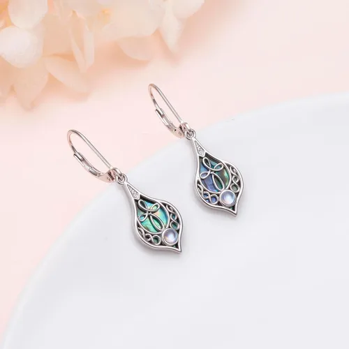 Vista 40 de Aretes colgantes de filigrana de plata de ley 925, margarita, loto, flor de rosa, piedra lunar, lágrima para mujer, nudo celta infinito, margarita